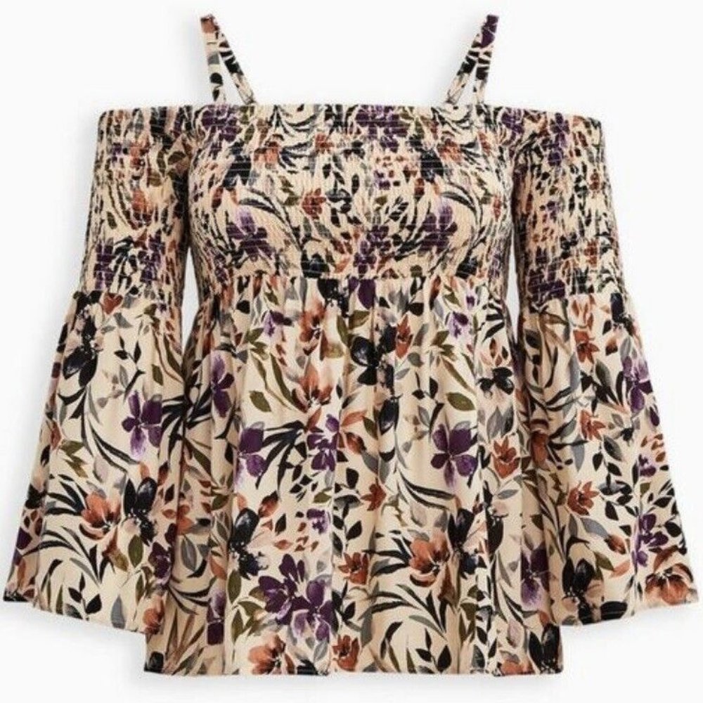 TORRID Challis Floral Long Sleeve Cold Shoulder Smocked Blouse Top | Size 5